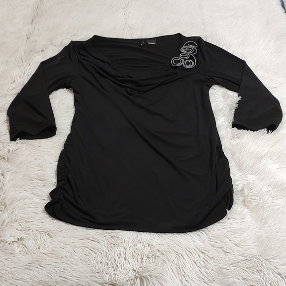 New Directions Stretch Cowl Neck Top Black ¾-Sleeve Ruched Metallic Detail Large - Picture 6 of 9